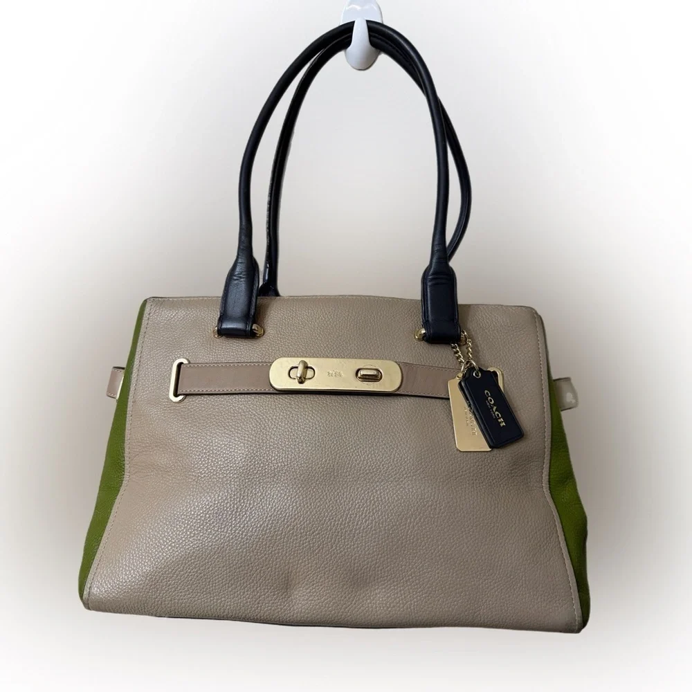 Coach Tan and Olive Leather Tote Bag#36514